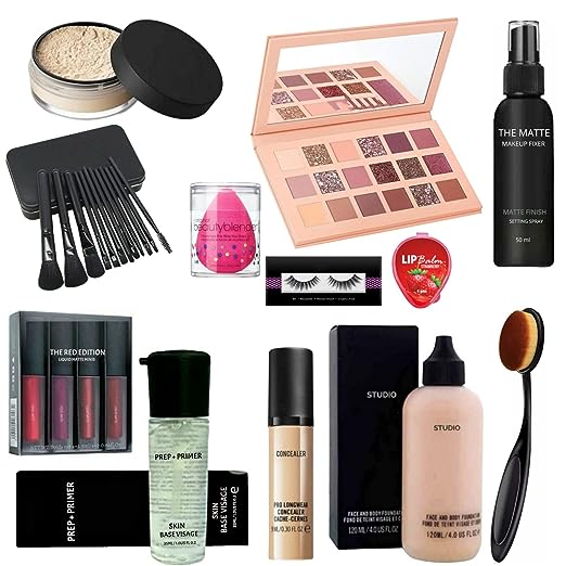 GLAMLER Professional Makeup Combo Kit Face Powder, Blender, Eyeshadow, Fixer, 12 Pics Brush, Eyelashes, Lip Balm, Lipstick, Primer, Concealer, Foundation With Brush GLAMLER Professional Makeup Combo Kit Face Powder, Blender, Eyeshadow, Fixer, 12 Pics Brush, Eyelashes, Lip Balm, Lipstick, Primer, Concealer, Foundation With Brush