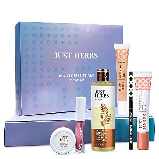Just Herbs Makeup Kit for Women with Kohl Kajal, 3 in 1 Primer, Liquid Lipstick, Serum Foundation, Saptajal Toner and Lip & Cheeck Tint Just Herbs Makeup Kit for Women with Kohl Kajal, 3 in 1 Primer, Liquid Lipstick, Serum Foundation, Saptajal Toner and Lip & Cheeck Tint