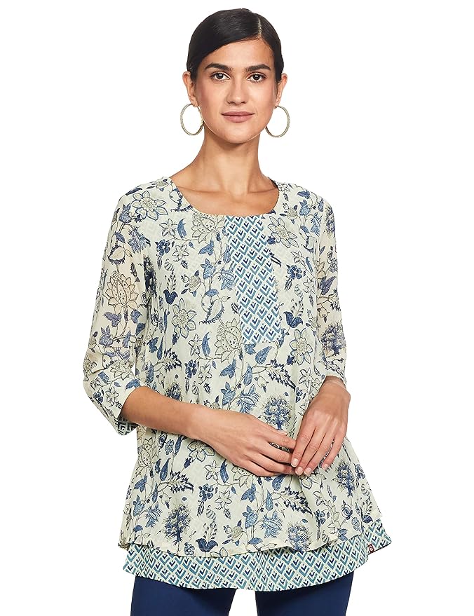 BIBA Round Neck Floral Printed Layered Top