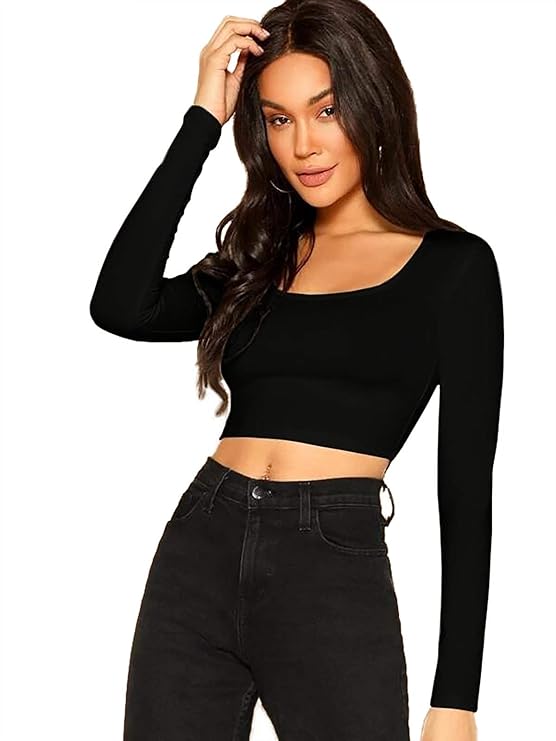 BLAZZE Basic Sexy Solid Scoop Neck Full Sleeve Crop Top